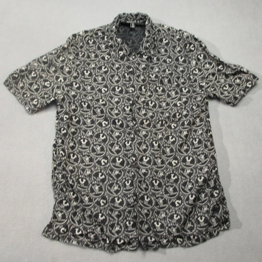 True Religion Shirt Mens Small Black White Y2K Logo All Over Print AOP Button Up
